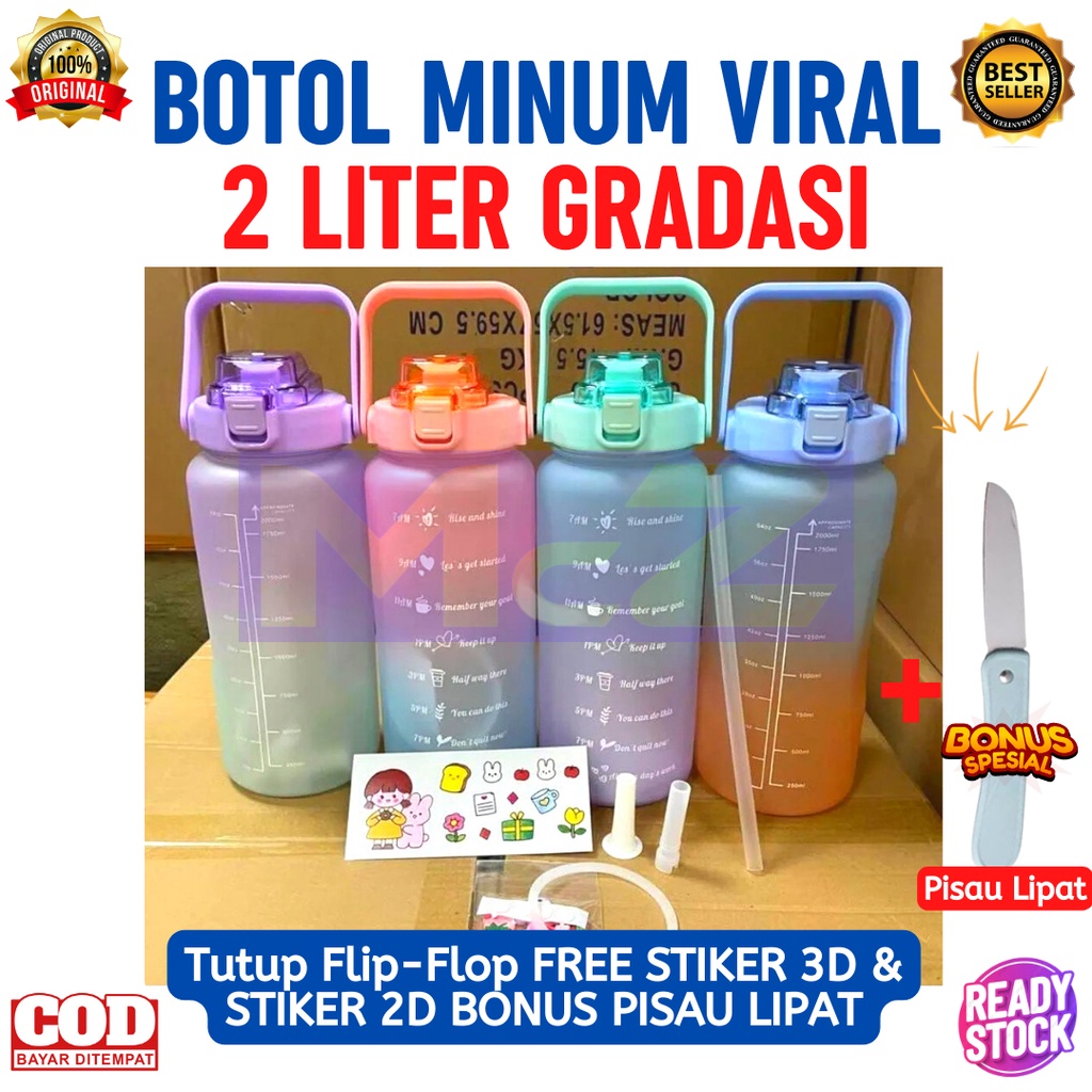 BOTOL MINUM VIRAL 2 LITER GRADASI FREE STIKER 3D & STIKER 2D BONUS PISAU LIPAT