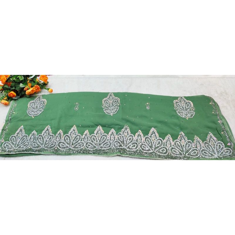 Saree Sari India Bollywood Batu Swarovsky Payet Hijau Sage Wardah Kain 6 Meter