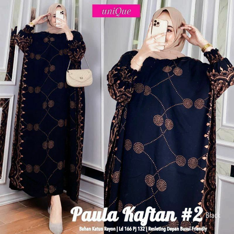 Kaftan Wanita - Daunda Kaftan Size Jumbo XXXXL Motif Daun Lengan Panjang Busui Resleting by Nadira_Fashion / Gamis Rayon Jumbo Kaftan Terbaru-Paula hitam