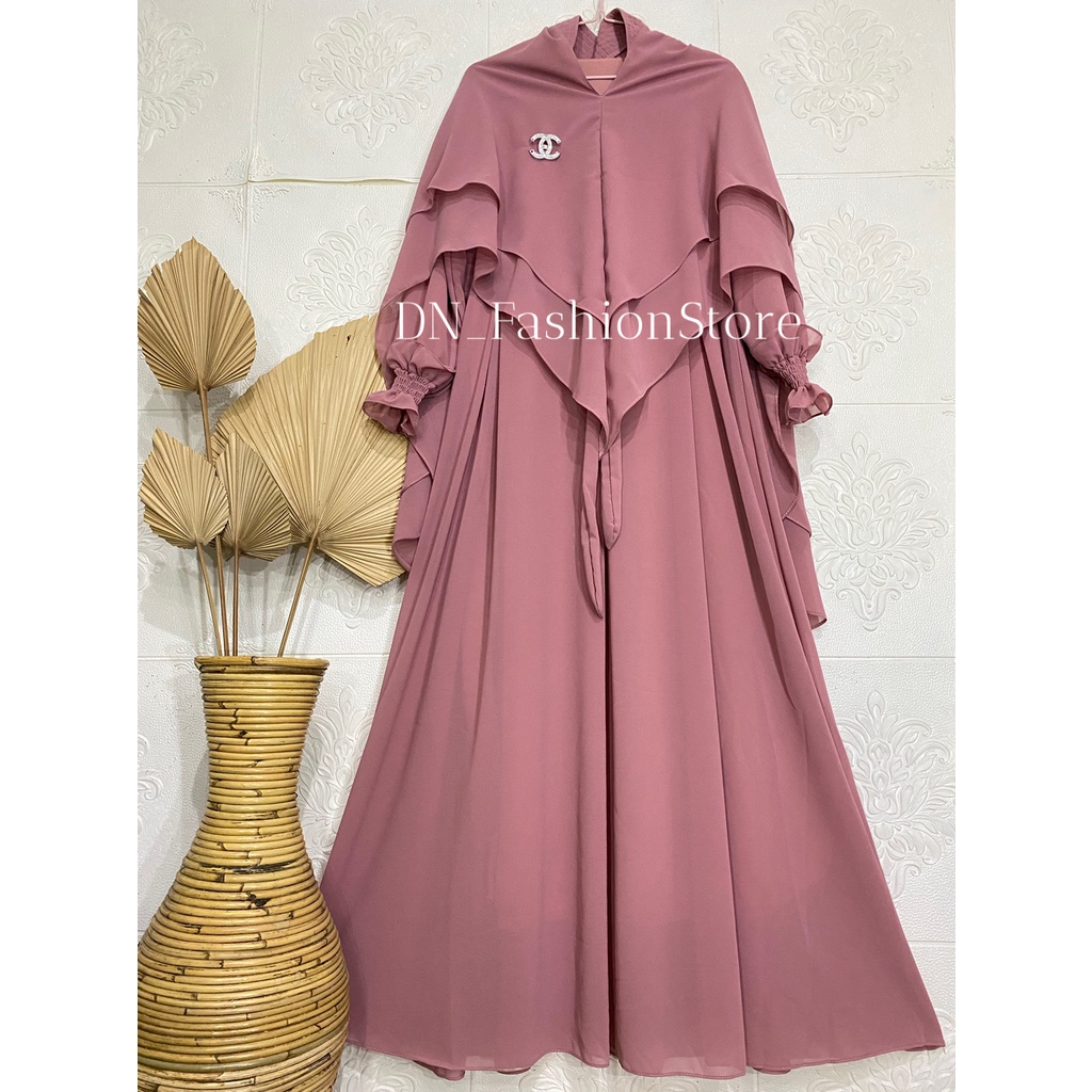 Gamis Ceruty Babydoll Polos Set Jilbab Free Bros Bahu / Tangan karet Busui Friendly