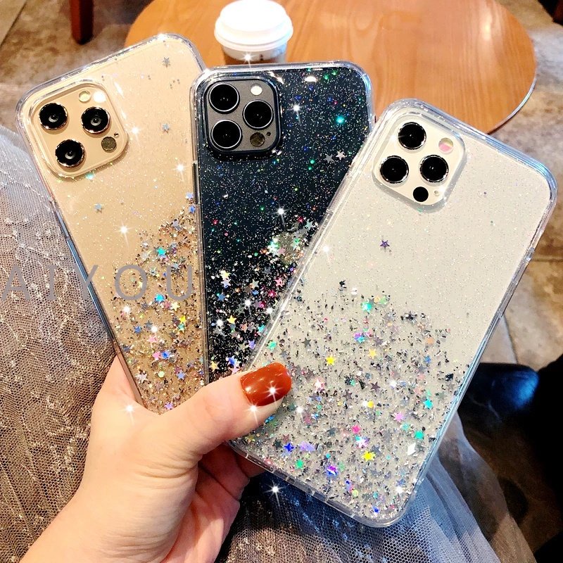 IPHONE Casing Ponsel Glitter Bening Sequin Gradasi Mewah Untuk Iphone11 12 13 14 Pro MAX Mini XR X XS 7 8 Plus Soft Cover TPU Transparan