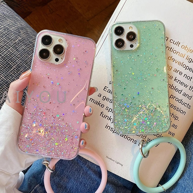 IPHONE Rantai Liontin Gantung Telepon Tali Pergelangan Tangan Ring Holder Case Untuk Iphone14 13 Pro Max11 12 Mini XS XR X6 7 8 Plus SE Bening Glitter Cover