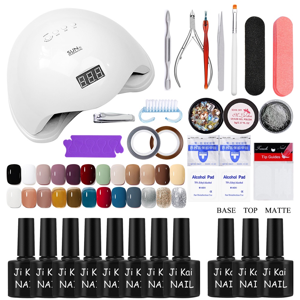 Alat kutek kuku nail art set Kutek Gel Lampu Kuku UV 48W 24 Warna Cat Kuku Gel, Set Peralatan Manikur Seni Kuku, Atasan dan Tidak Mengilap dengan Lapisan Dasar 22pcs alat set manikur base&amp;top&amp;matte cat kuku