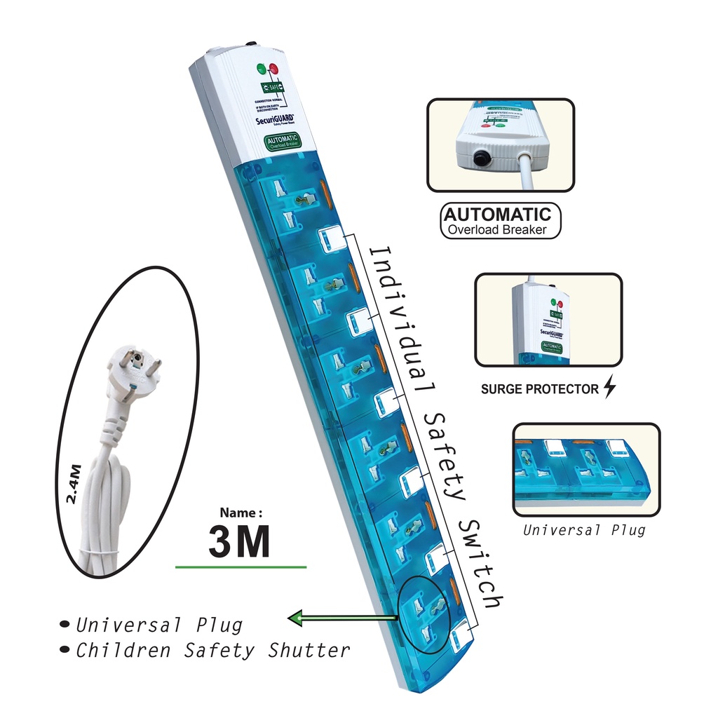 Securiguard steker strip Universal TSP 6 lubang colokan listrik - 3M