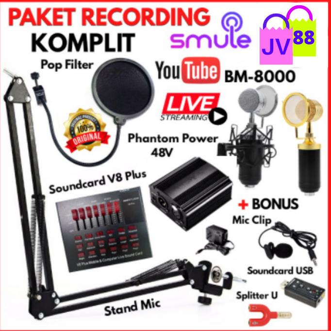 PAKET RECORDING KOMPLIT Microphone Mic BM 8000 BM8000 Soundcard V8+