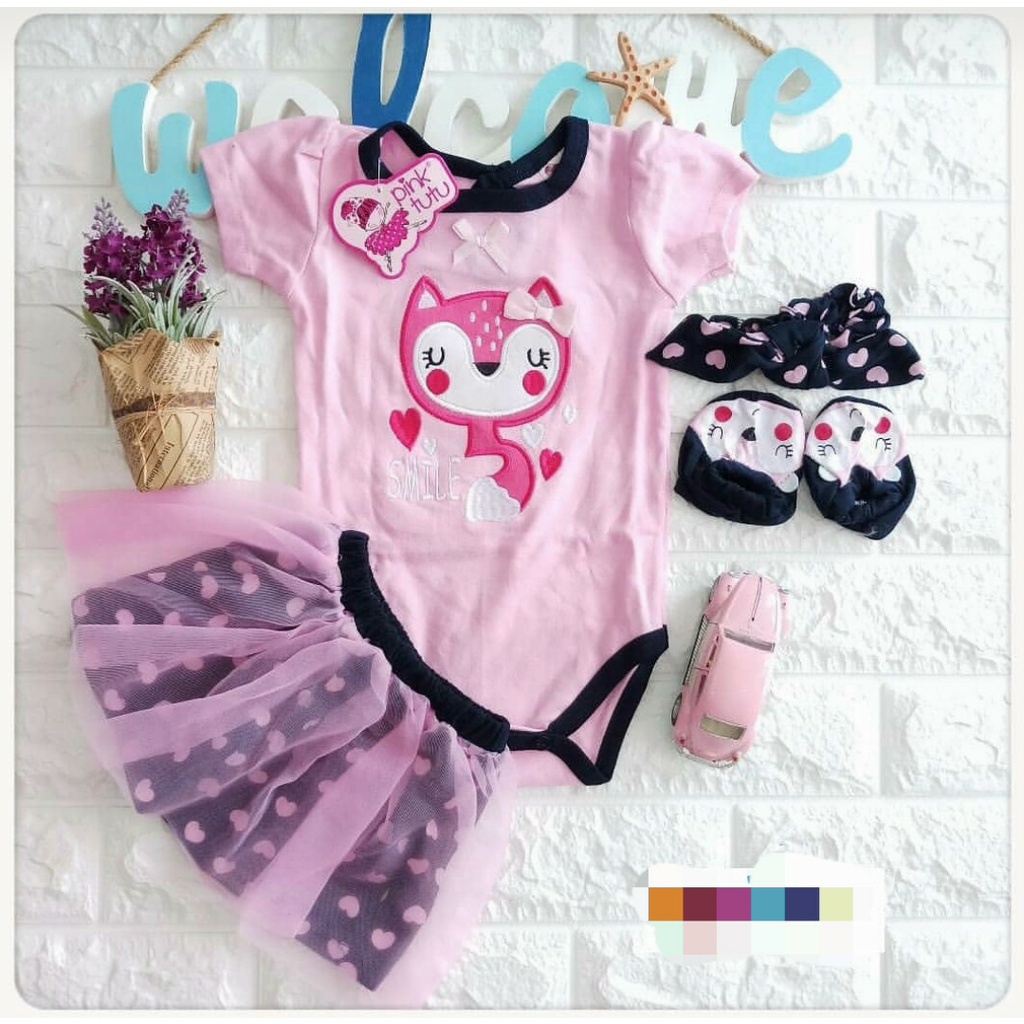 Setelan Jumper Rok BABY FOX free Bandana dan sepatu - baju bayi Perempuan 3 6 9 12 bulan - Baju Setelan anak Cewek Lucu