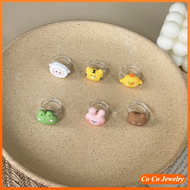 Kartun Hewan Beruang Katak Kelinci Gajah Cincin Resin Kreatif Childlike Transparan Resin Cincin COCOJEWELRY