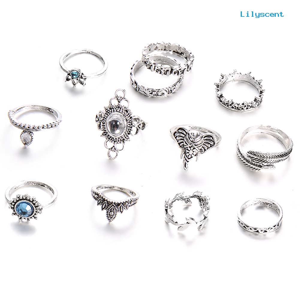 [LS]12Pcs Wanita Vintage Boho Faux Gemstone Rhinestone Perhiasan Berlian Imitasi Knuckle Susun Rings