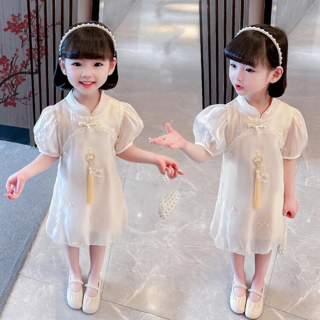 Dress Cheonsam Anak Perempuan Import Satin Bunga Mutiara BrokenWhite