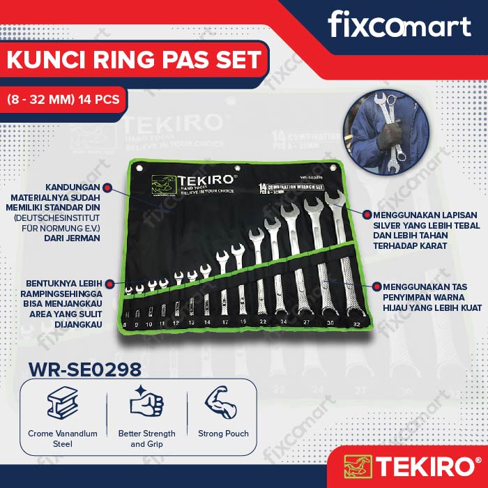 Tekiro Combination Wrench Set / Kunci Ring Pas Set 14 Pcs (8-32 Mm)