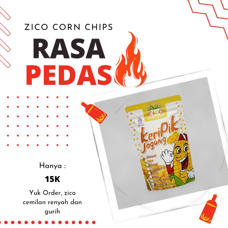 

Cemilan Keripik Jagung Zico Corn Chips Rasa Pedas Kemasan 90 Gram Tanpa Pengawet Di Goreng dengan Minyak Sekali pakai