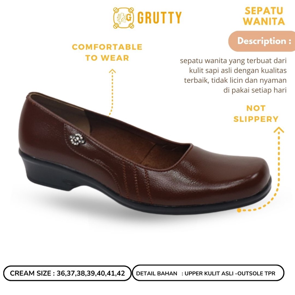 Sepatu Wanita Wedges Pantofel wanita kerja kulit asli Grutty DD2501 Marun