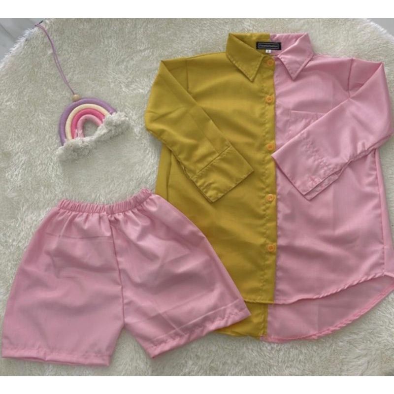 New Kemeja two Tone Kids Free Celana Bahan Lembut