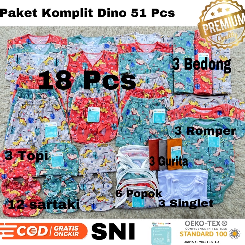 51pcs Paket Lahiran Komplit Perlengkapan Baju Bayi newborn, 3-6 dan 6-12 bulan celana bayi kado Baru Lahir Celana bayi bedong singlet romper topi Kado bayi SNI Promo 8.8