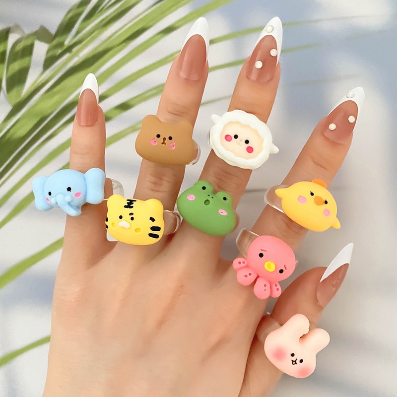 Kartun Hewan Cincin Gadis Indah Katak Ayam Kelinci Beruang Resin Anak Menyenangkan Cincin