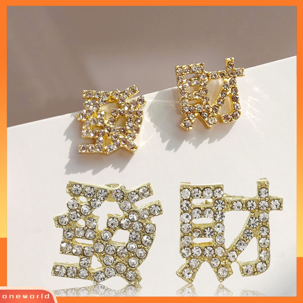 [WONE] 1pasang Ear Studs Dengan Berlian Imitasi Fashion Karakter Cina Bentuk Wanita Anting Untuk Pakaian Sehari-Hari