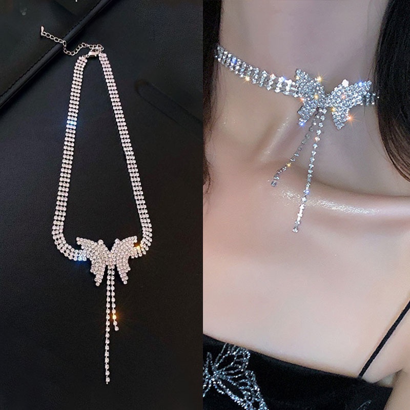 Berlian Imitasi Elegan Kupu-Kupu Rumbai Gaya Panjang Gaya Jepang Korea Gaya Baru Fashion Kalung
