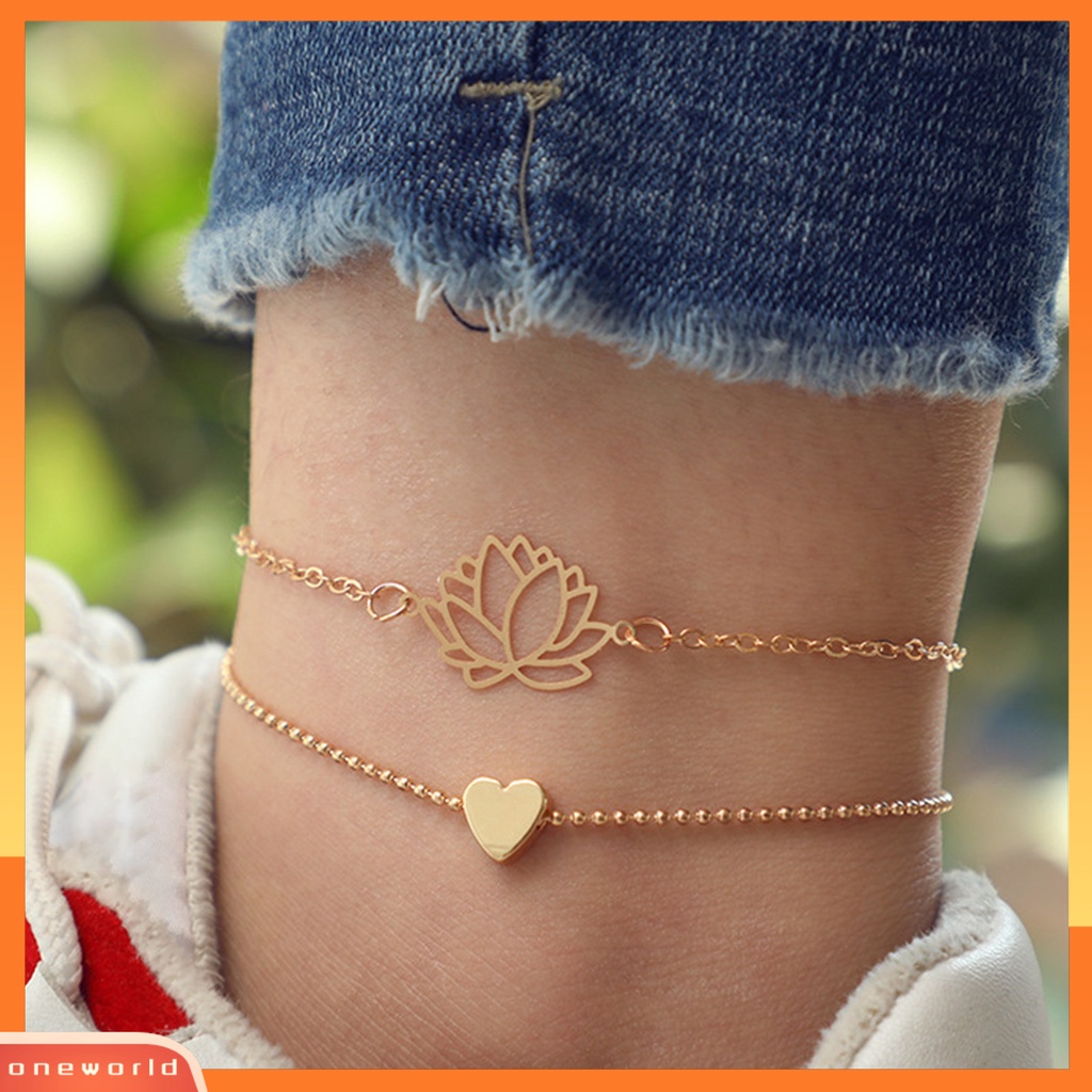 [WONE] 2 Pcs/Set Lotus Pendent Hollow Out Women Anklets Double Layered Heart Pendent Adjustable Chain Anklets Foot Jewelry