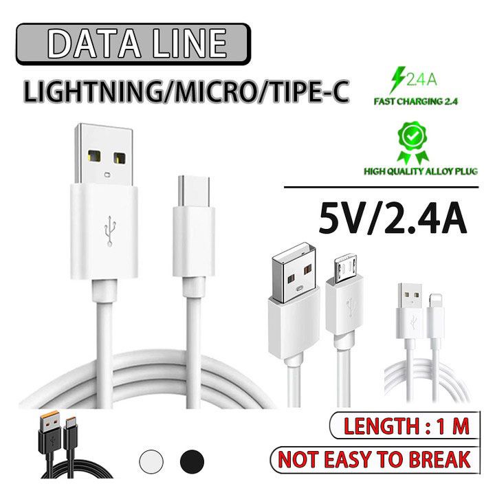 Kabel Data USB Line 2.4A/5v Lighting/Micro/Type C Fast Charging USB Kabel DataTidak mudah pecah