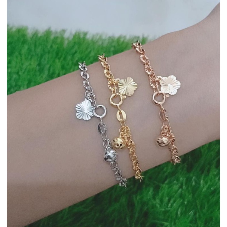 Gelang rantai nori ukir + 1 bel + 1 bunga ukir / gelang perak asli silver 925 lapis emas/ gelang fashion wanita terbaru