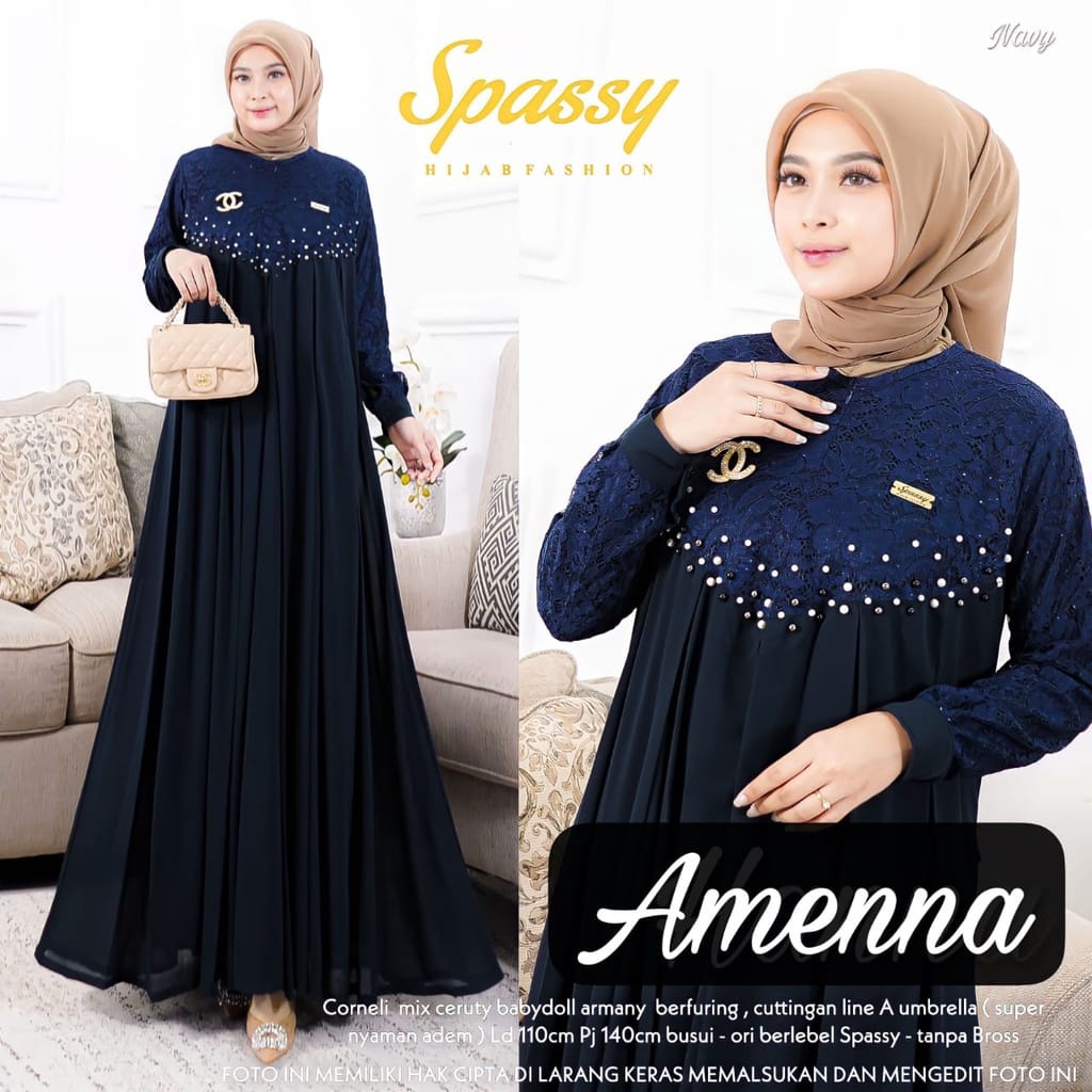 Amenna Dress Wanita Gamis Brukat Baju Kondangan Busana Muslim Wanita Terbaru Gamis Jumbo Ceruty Babydoll Aksen Mutiara