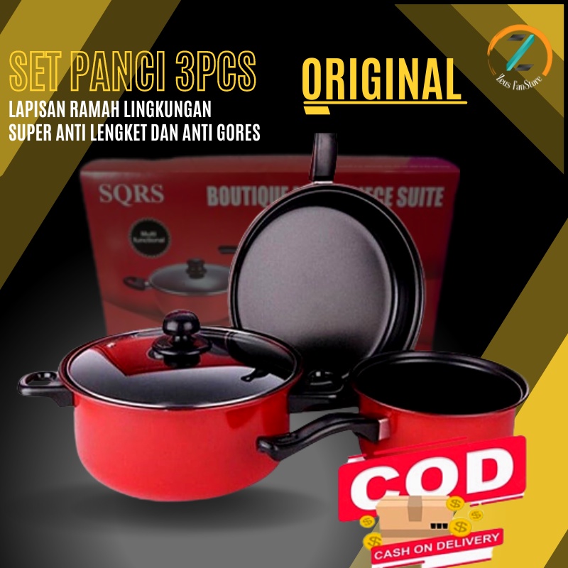Panci Wajan Set Isi 3 Pcs SQRS Panci Teplon Presto Wajan Anti Lengket 1 Set Bahan Teflon CP00