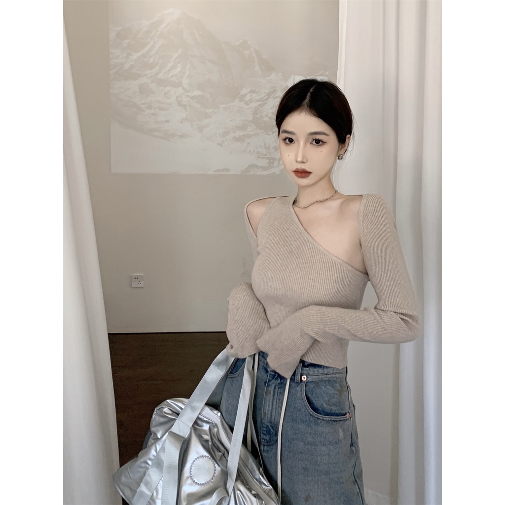 ♤Suhao Khaki Rajutan Kecil Cardigan Wanita Pendek Musim Gugur Gadis Panas Slim Slim Lengan Panjang Jaket Sweater Top Dua potong Set