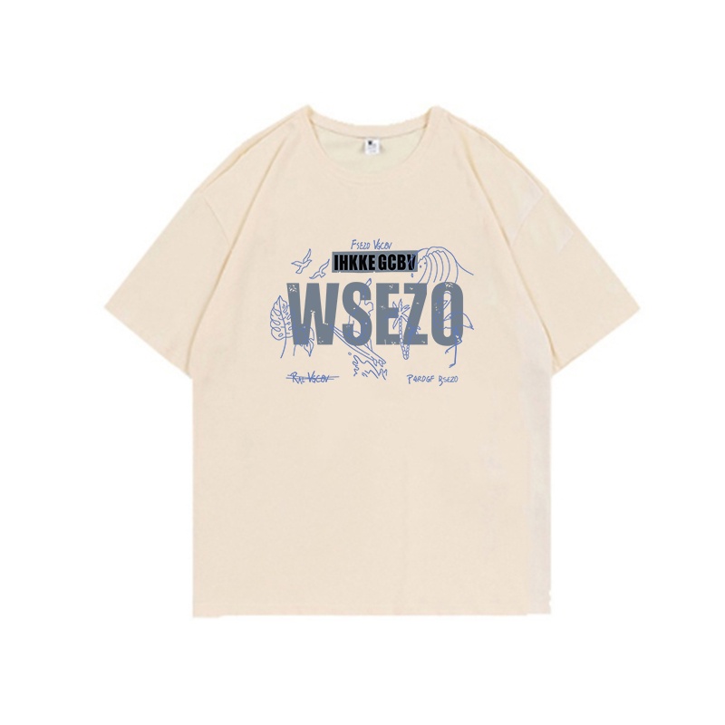 Blue Letter Kaos Lengan Pendek Cream Atasan Wanita Oversize Printed T-shirt Kekinian Korean Style/kaos wanita jumbo