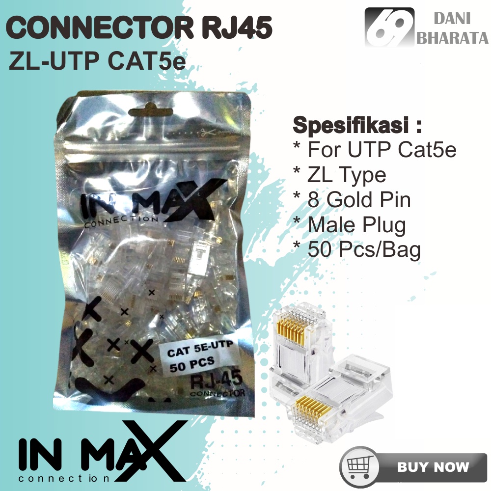 RJ 45 UTP cat 5e Konektor RJ45 indoor UTP cat 5e 8P8C merk In Max isi 50 pcs