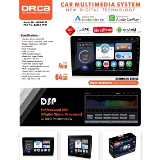 Head Unit Android 9 inch ORCA ADR 9988 New Standard RAM 4GB + ROM 64GB