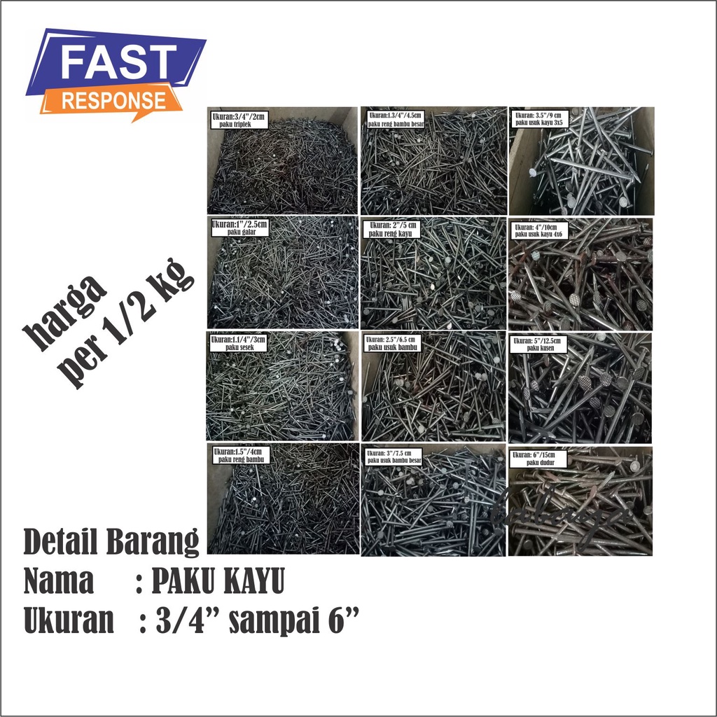 Jual HARGA PER 1/2 kg paku kayu ukuran 3/4" sampai 6" paku triplek paku galar sesak ranjang reng