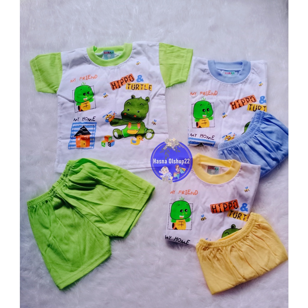 Setelan Baju Bayi Lengan Pendek Motif Hippo Anak Usia 3-12 Bulan