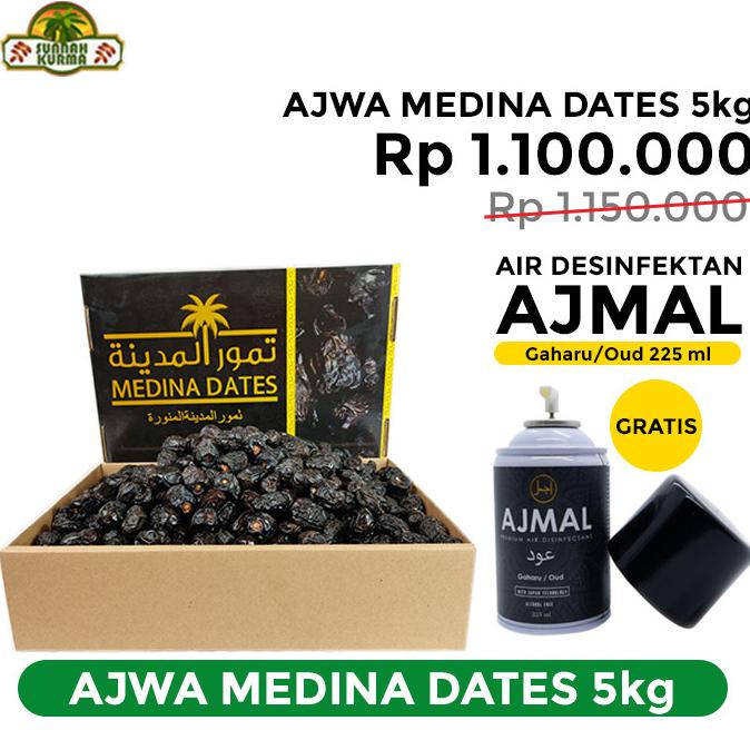 

KURMA AJWA MEDINA DATES DUS HITAM 5KG GRATIS AJMAL DISINFEKTAN 225ML RER69464S