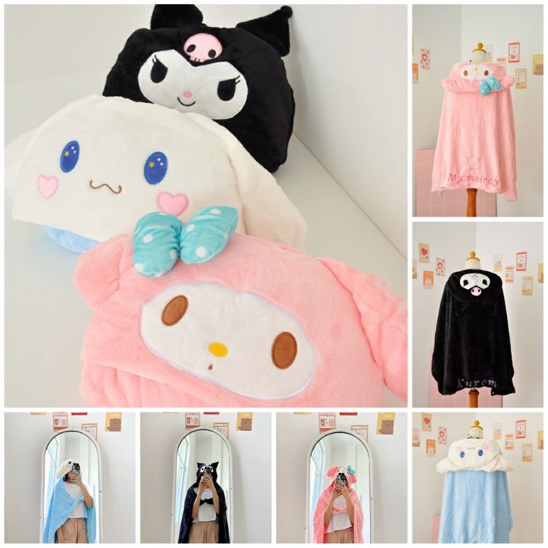 Selimut Blanket Hoodie Cinnamoroll Kuromi My Melody Karakter Sanrio.