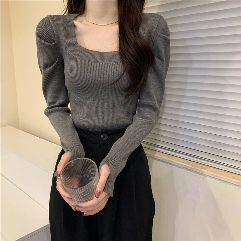 ☼Suhao Puff Lengan Rajutan Kemeja Musim Semi dan Musim Gugur 2022 Baru Bahasa Perancis Rasa Desain Niche Klein Biru Dalam Top Wanita