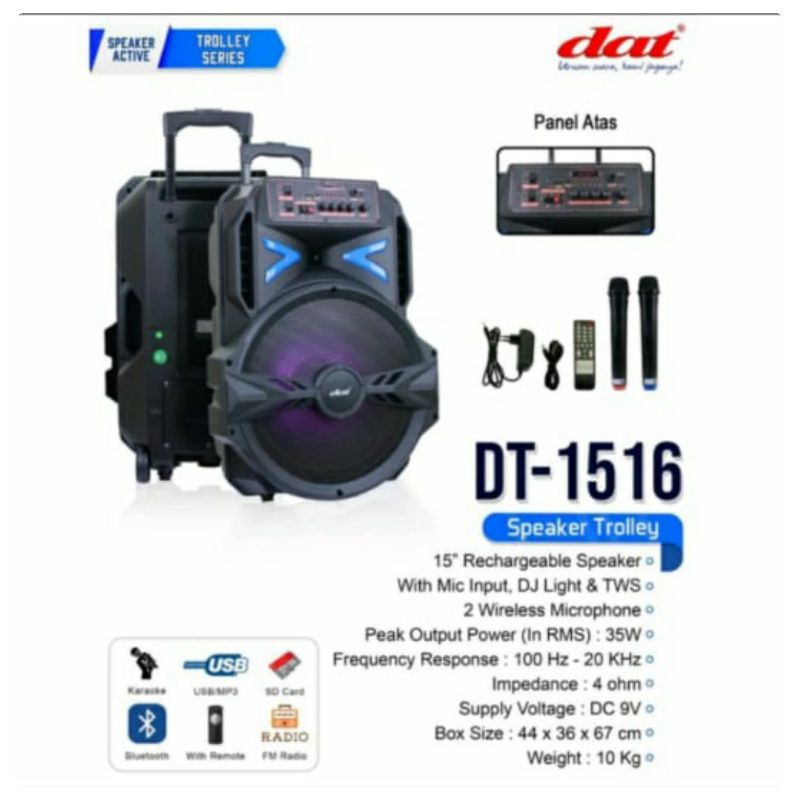 Speaker Portable DAT 15inch DT-1516 + 2 Mic Wireless