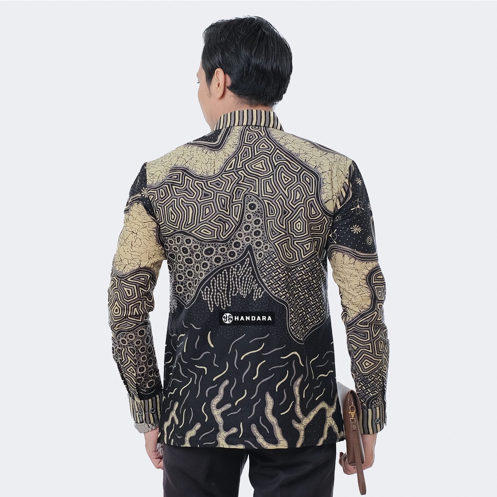 Baju Kemeja Batik Pria Lengan Panjang Slim Fit Premium Modern Full Furing Katun Halus Original Handara Motif Horizon Hitam Kuning HB-296