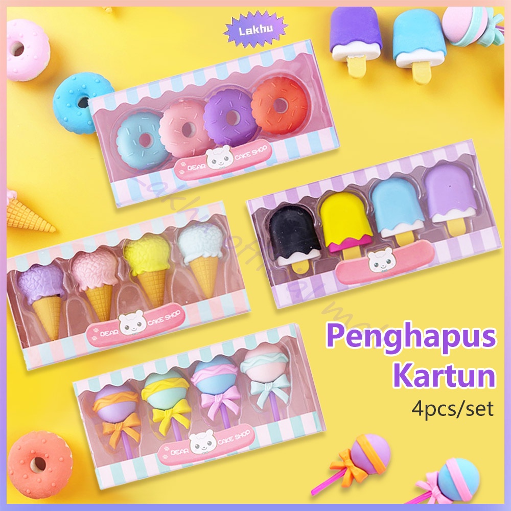 JCHO 4pcs/set penghapus pensil kartun/set penghapus lucu