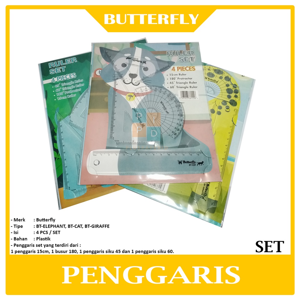 

BUTTERFLY - RULER SET - Penggaris Motif Gajah, Kucing, Jerapah - 1 SET