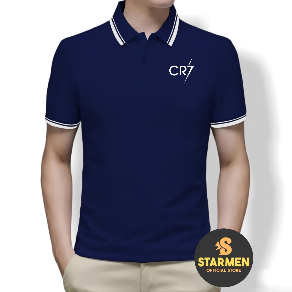 Kaos Polo Shirt Pria Kerah List Putih logo CR7