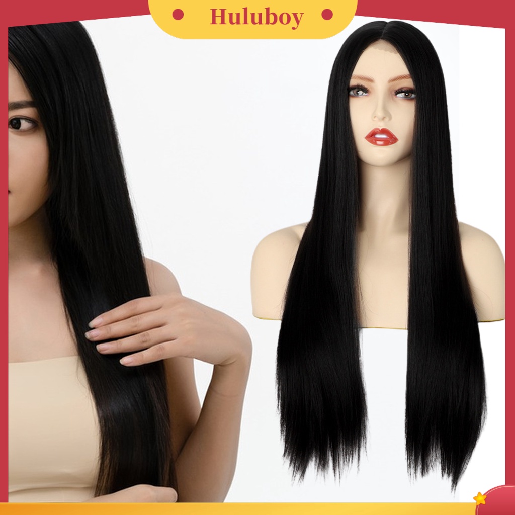 Wig Rambut Panjang Lurus Warna Hitam Bahan Silk Suhu Tinggi Untuk Wanita