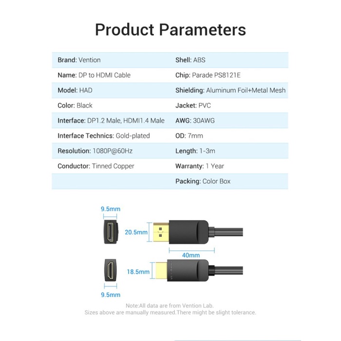 Kabel Display Port to HDMI Vention DP to HDMI HAD 1,5M 2M 3M