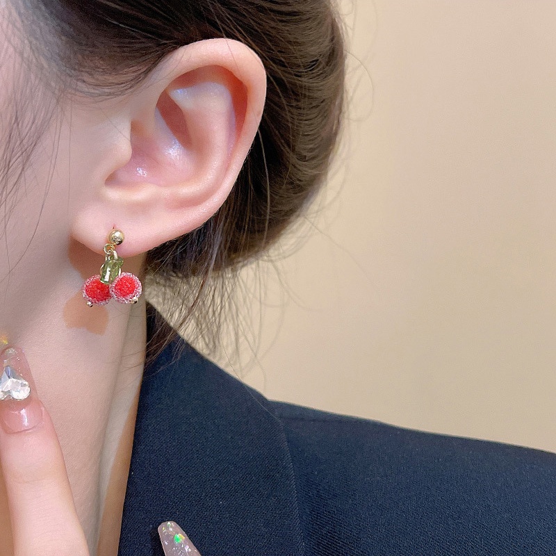 925 Perak Jarum Gula Manik-Manik Cherry Anting Fashion Perempuan Anting Lucu