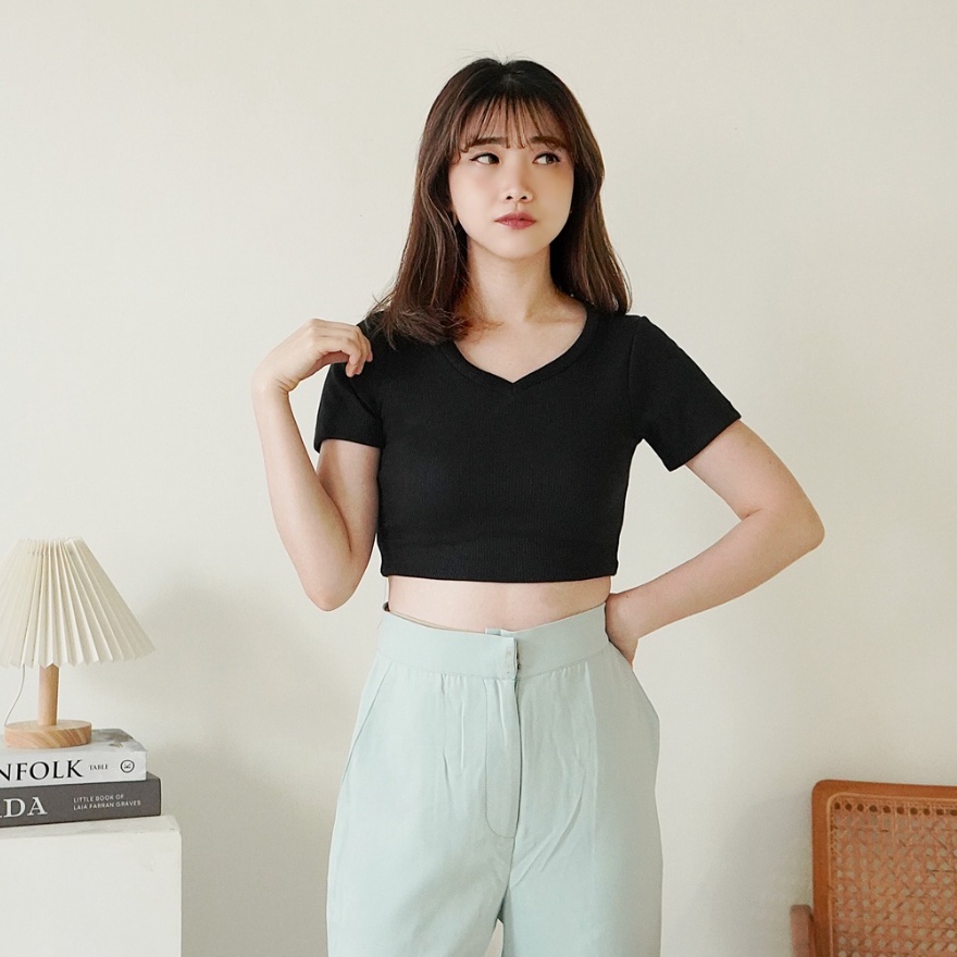 CAVALU Korean V-Neck Knit Crop Top Korea Kaos Rajut 143