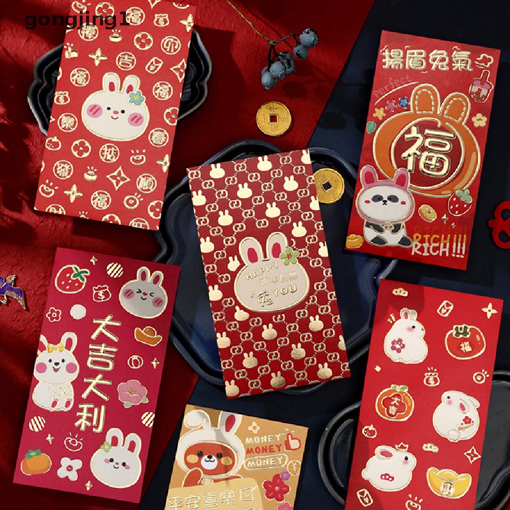 Ggg 6pcs Amplop Imlek 2023kelinci Merah New Year Red Packet Spring Festival Kantong Uang Hongbao Merah Hadiah Amplop ID