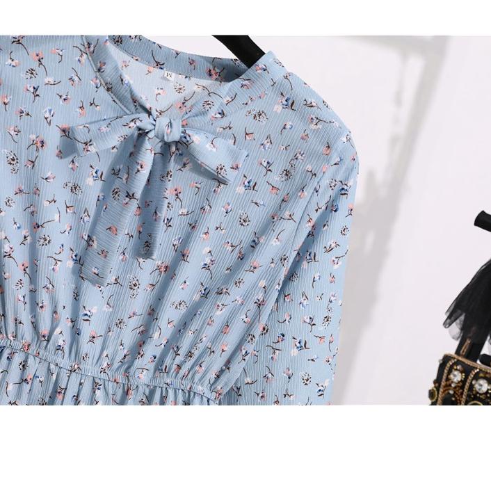 Fashion Warna Hitam Bunga Biru Titik Gelombang Wanita Beach Midi Dress Korea Lengan Panjang Muslimah