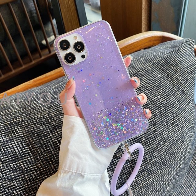 IPHONE Rantai Liontin Gantung Telepon Tali Pergelangan Tangan Ring Holder Case Untuk Iphone14 13 Pro Max11 12 Mini XS XR X6 7 8 Plus SE Bening Glitter Cover