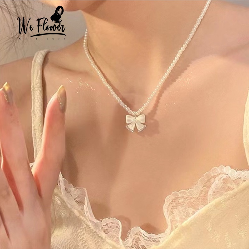 We Flower Kalung Rantai Choker Pendek Liontin Pita Manik-Manik Mutiara Gaya Korea Untuk Wanita