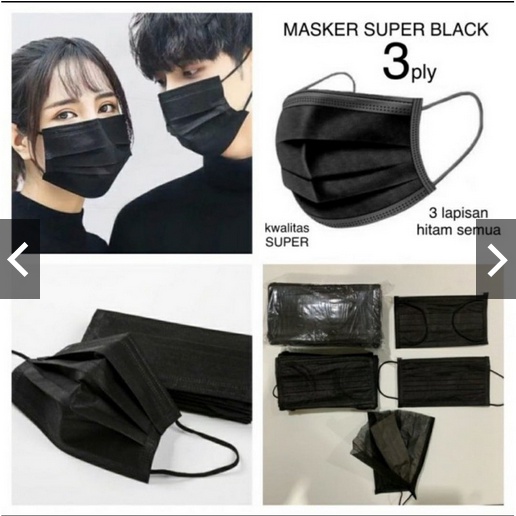 Masker EARLOOP HITAM 3PLY / 3 LAPIS Face Mask Earloop 3 ply ISI 50 PCS Termurah!!