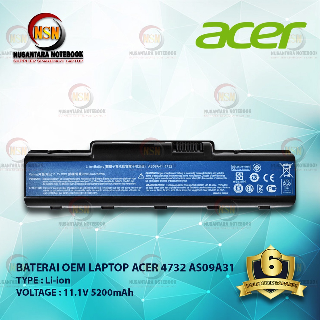 Baterai Acer AS09A41 OEM For Laptop Series 4732z 5732z 4332 5516 5532z 11.1V 5200mAh